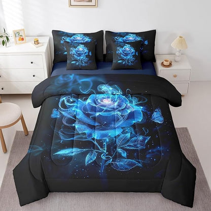 Erosebridal Black Blue Rose Twin Comforter Set with Sheets for Women Girls,Trippy Rose Flowers Bedding Set for Couples Bedroom Decor,Butterfly 7 Piece Bed in a Bag Valentines Day Wedding Gifts