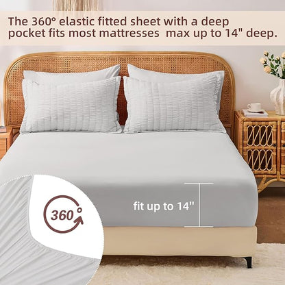 FUANNA Full Size Comforter Sets 7 Pieces, Luxury Seersucker Bed in a Bag Full for All Seasons, Soft Bed Sets with Comforter, Flat Sheet, Fitted Sheet, Pillowcases & Shams for Bedroom, Light Grey