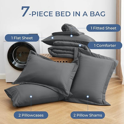 Sasttie Queen Comforter Set, 7 Pieces Bed in a Bag Queen, Complete Bedding Set Includes Grey Comforter, Flat Sheet, Fitted Sheet, Pillowcases and Pillow Shams, Dark Grey