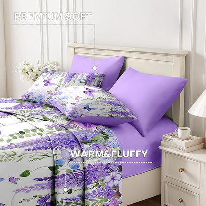 Nesker 7 Pcs Spring Comforter Set Queen Size, Purple Floral Bedding Set for Kids and Adults, Butterfly Wisteria Hydrangea Bed Sheet Sets with Fitted Sheet 2 Pillowcases & 2 Shams