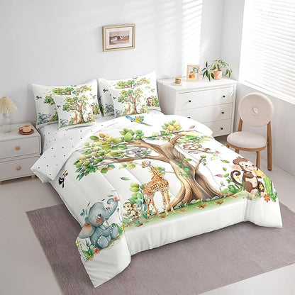 Erosebridal Zoo Animal 7 Piece Bedding Set Twin Size,Elephant Monkey Koala Bed in a Bag,Birds Trees Bed Set Includes Comforter, Sheet Set, Pillowcases & Pillow Covers All Season Bedroom Decor