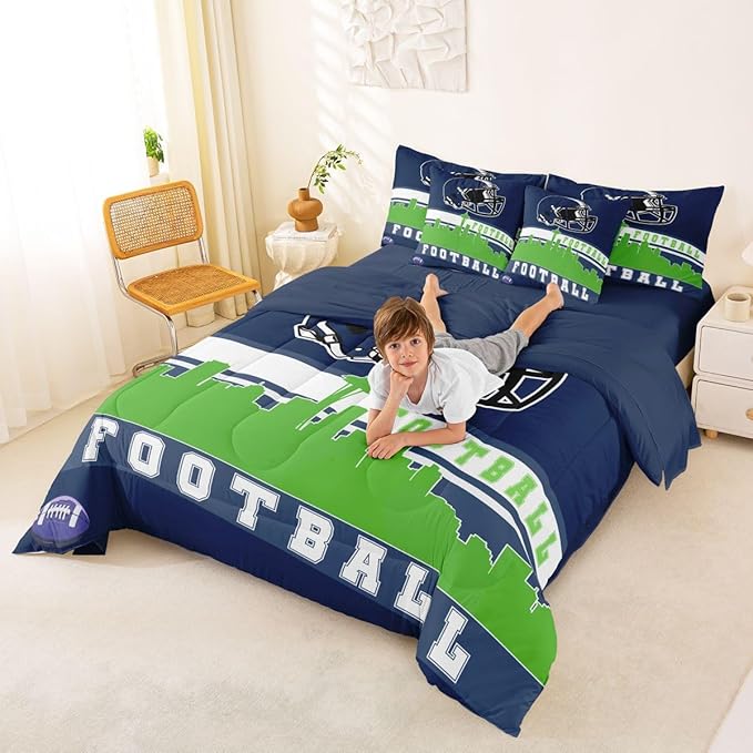 Erosebridal Football City 7 Pcs Comforter Set Queen Football Bedding Men Green Blue Rugby Game Sheet Set Bed in A Bag Football Fans Bedroom Decor Sports Ball Competition Quilt