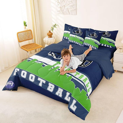 Erosebridal Football City 7 Pcs Comforter Set Queen Football Bedding Men Green Blue Rugby Game Sheet Set Bed in A Bag Football Fans Bedroom Decor Sports Ball Competition Quilt