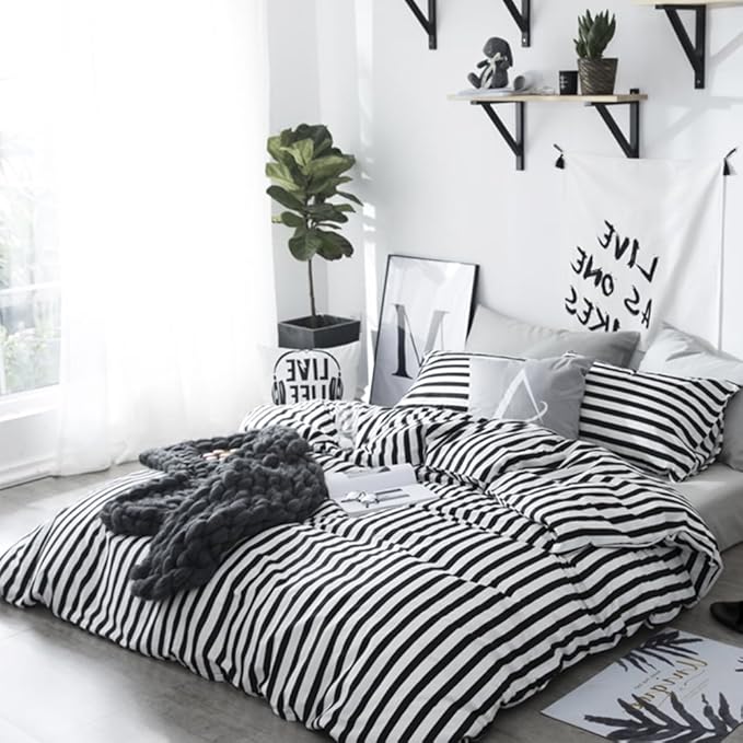 CLOTHKNOW Striped King Size Comforter Set Black and White Bedding Comforter Sets Soft Farmhouse Ticking Comforter with 2 x Pillow Cases