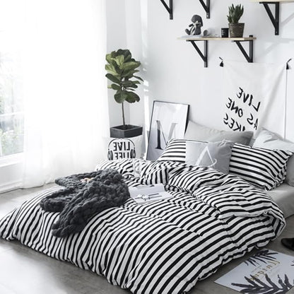CLOTHKNOW Striped King Size Comforter Set Black and White Bedding Comforter Sets Soft Farmhouse Ticking Comforter with 2 x Pillow Cases