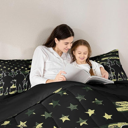 American Flag Comforter Set Twin for Boy Teen ArmyGreen Camouflage Down Comforter Adult Men Soldier Silhouettes Quilted Duvet Military Style Camo Bedding Comforters, 1 Comforter Set + 1 Pillowcase