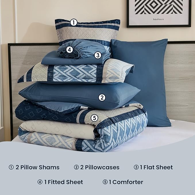 Cottolester King Comforter Set 7 Pieces Blue Boho Striped Bed in a Bag,Soft Microfiber Complete Bedding Sets
