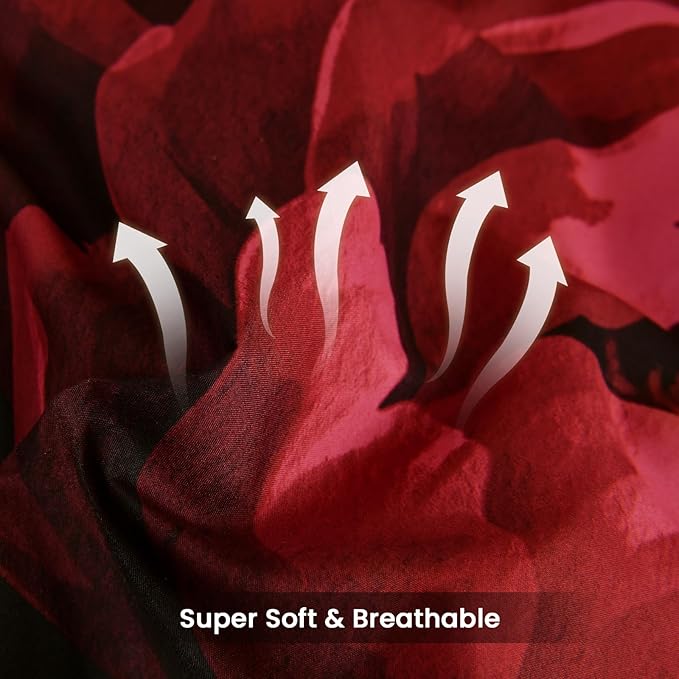 WONGS BEDDING Black Comforter Set Queen Size, 7 Pieces Floral Bed in a Bag Set, Luxury Red Flower Bedding Set, Soft Microfiber for All Season with Pillowcases & Shams,Sheets(90"×90")