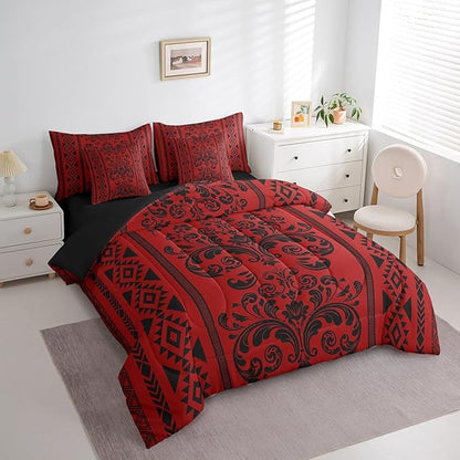 Comforter Set King Size, Dark Red Damask Aztec 7 Pcs Bedding for Kids and Adults, Antique Decor Western Baroque Gothic Bed Sheet Sets with Fitted Sheet 2 Pillowcases & 2 Shams for Bedroom Bed Decor