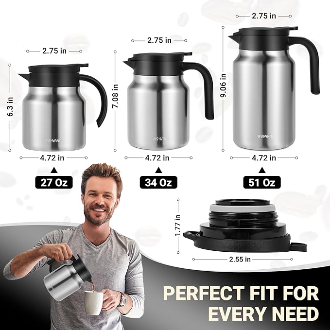 51Oz Thermal Coffee Carafes For Keeping Hot/Cold, Stainless Steel Coffee Carafe, Dustproof Insulated Water Carafe for Party/Home,Silver