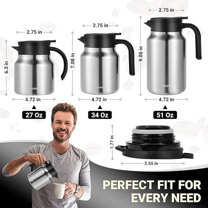 34Oz Thermal Coffee Carafes For Keeping Hot/Cold, Stainless Steel Coffee Carafe, Dustproof Insulated Water Carafe for Party/Home,Silver