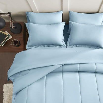 Maple&Stone Full Size Comforter Sets 7 Pieces Bed in a Bag - Down Alternative Bed Set with Comforter, Sheets, Pillowcases & Shams, All Season Lightweight Bedding Set, Light Blue