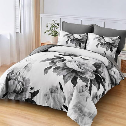 Dobuyly Grey Full Size Comforter Set 7 Piece Bed in a Bag, Gray Floral Printed on White Comforter Set with Sheets, Soft Microfiber Botanical Farmhouse Bedding Set for All Season