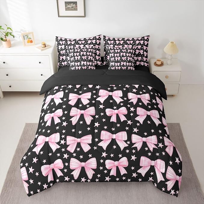 Erosebridal Kawaii Cute Black Pink Girls Bowknot King 7-Piece Comforter Set | Bow Kids Sheets and Pillowcases Y2K Starry Bed in A Bag Princess Bed Sets