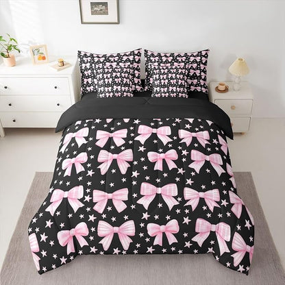 Erosebridal Kawaii Cute Black Pink Girls Bowknot 7 Piece Bedding Set Twin | Bow Kids Comforter Set with Sheets Y2K Starry Bed in A Bag Princess Bed Sets