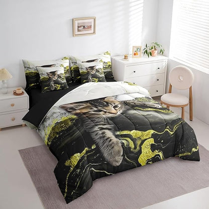 Erosebridal Yellow Marble Bedding Set Twin Modern Marbling Cat Bed in A Bag Watercolor Marble Ink Fluid Comforter Sets with Sheets Retro Artwork Style Aesthetic 7 Pieces Bed Set Bedroom Decor