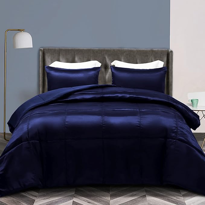 Whale Flotilla 2-Piece Reversible Silky Soft Twin Size Comforter Bedding Set, Luxurious Satin Comforters with Satin Pillowcase, Lightweight Duvet for All Seasons, Navy