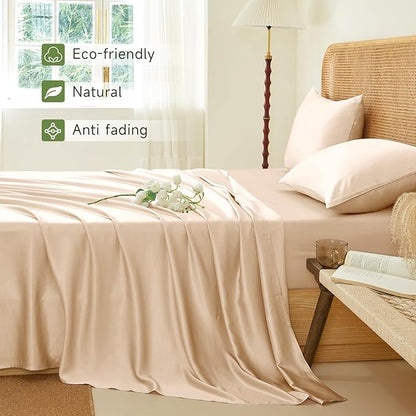 THXSILK Luxury Mulberry Silk Bed Sheets Set - 4pcs Silk Sheets Set 16" Deep Pocket - 1 Fitted Sheet, 1 Flat Sheet, 2 Pillowcases with Zipper Closure - Full, Champagne