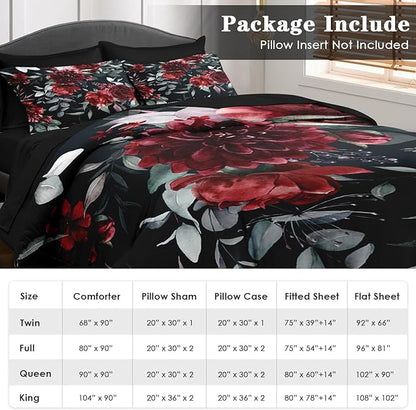 Comforter Set Queen Size, Floral Green Leaves 7 Pcs Bedding for Kids and Adults, Burgundy Maroon Pink Bed Sheet Sets with Fitted Sheet 2 Pillowcases & 2 Shams for Bedroom Bed Decor