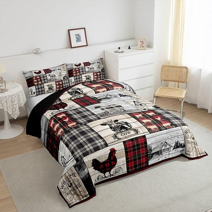 Rustic Farm Animal Comforter Set Retro Buffalo Plaid Farmhouse Cabin Bedding Sets Queen Country Sheep Chicken Cow Print Comforter For Lodge,Patchwork Grid Windmill Quilt Set Red Black Grey 3 Pcs