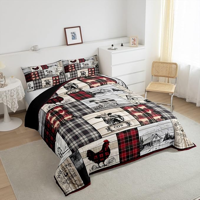 Rustic Farm Animal Comforter Set Retro Buffalo Plaid Farmhouse Cabin Bedding Sets Twin Country Sheep Chicken Cow Print Comforter For Lodge,Patchwork Grid Windmill Quilt Set Red Black Grey 2 Pcs
