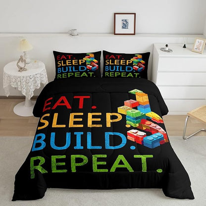 Feelyou Colorful Toy Bedding Set Teen Women Men Funny Building Blocks Decoration Comforter Set King Size Kids Boys Girls Cute Games Duvet Insert Colorful Geometric Brick Room Decor
