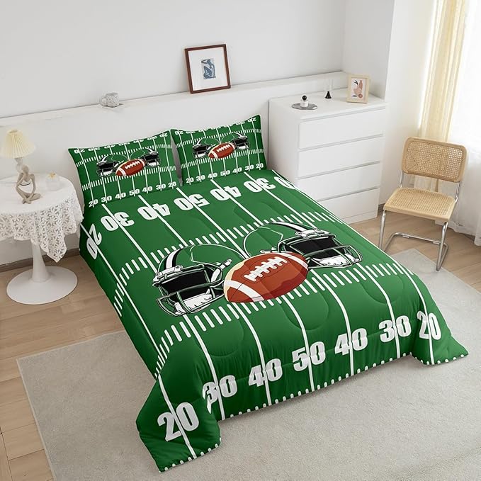Feelyou Rugby Comforter Set King Size Soccer Ball Game Comforter for Boys Girls Teens Football Bedding Set Gift for Football Lover Duvet Set Grass Green Quilt Set