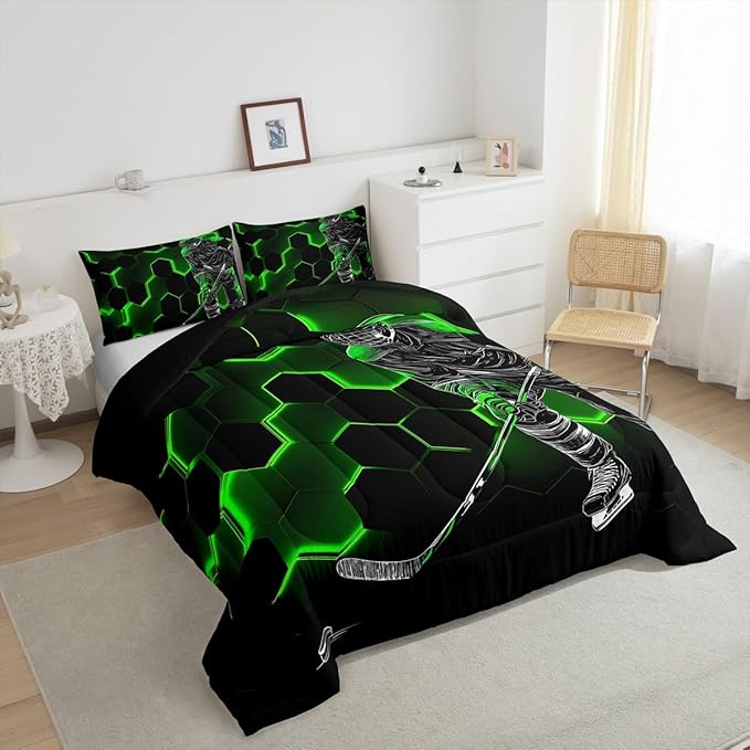 Erosebridal Green Neon Printed Hexagonal Bedding for Boys,Hockey Comforter King for Youth,Ice Hockey Quilt Inner Fill,Graffiti Geometric Lines Abstract Duvet Insert with 2 Pillowcases