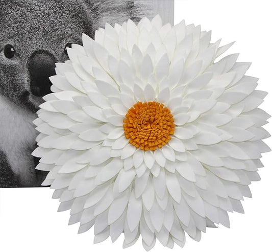 Contempo Lifestyles Design Patented 3D Daisy Flower Decorative Pillow - Couch & Bed Shaped Pillow (18" Flower, 16" With Insert, Ivory/Gold)