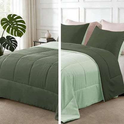 Exclusivo Mezcla Lightweight Reversible Queen Size Comforter Set, Down Alternative Comforter with 2 Pillow Sham, Queen Size Bedding Set for All Seasons, Emerald/Mint