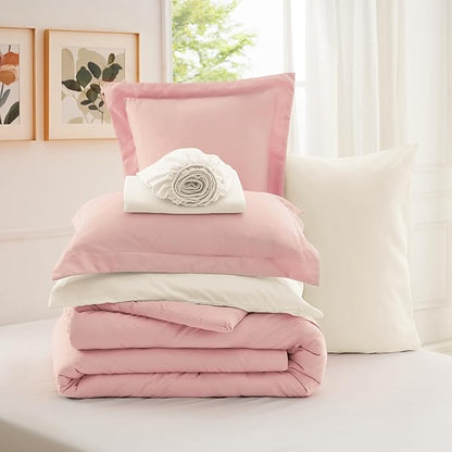Bedsure Queen Comforter Set - 7 Pieces Pink Queen Bedding Set for All Seasons, Boho Contrasting Design Bed in a Bag with Comforter, Sheets, Pillowcases & Shams