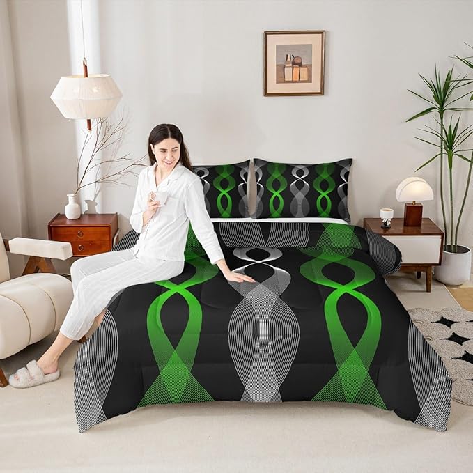 Erosebridal Green and Black Abstract Comforter Set Full, Green Striped Bedding Set, Contemporary Boho Modern Art Comforter, Gradient Geometric Stripes Aesthetic Wavy Line Quilt for Men Adults Bedroom