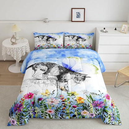 Erosebridal Cat Comforter Colorful Flower Bedding Set Cute Pet Animal Down Queen Butterfly Floral Leaves Plant Duvet Black and White Kawaii Farmhouse Room Decor Blue 3Pcs Warm Soft