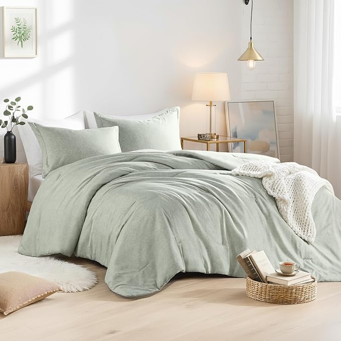 Full/Queen Size Comforter Set, Lightweight Sage Green Soft Bedding for All Seasons, 3 Pieces Chambray Print Solid Farmhouse Bed Set, Comforter & Shams
