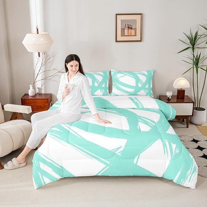 Turquoise and White Striped King Bedding Set for Kids Teens Adults, Geometric Striped Comforter Set for Minimalists,Graffiti Aesthetic Lines Duvet Insert,Contemporary Boho Modern Art Quilt