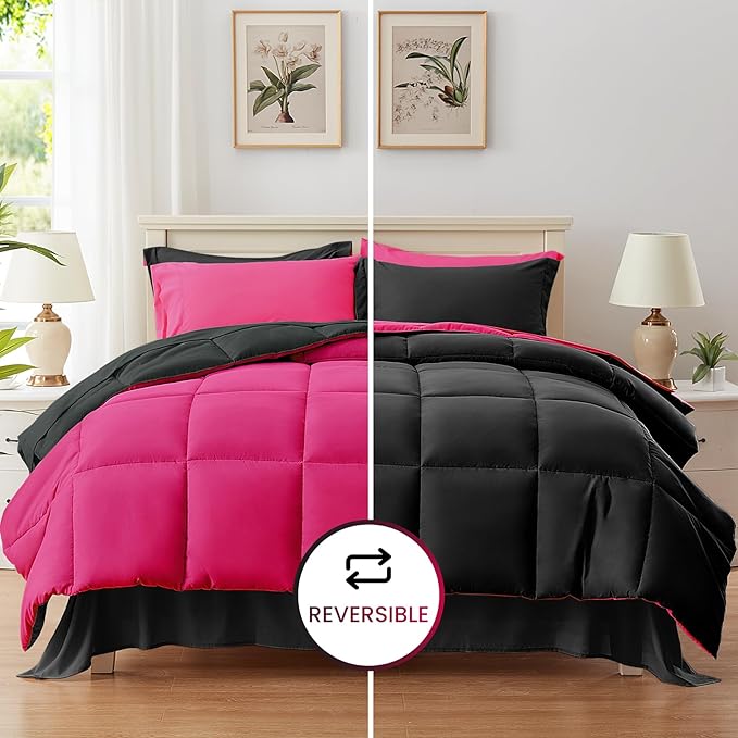 Anluoer Twin Comforter Set,Hot Pink&Black Bed in a Bag 5 Piece,Lightweight Bedding Set with Soft Down Alternative Fill,Bed Set Includes Comforter, Fitted Sheet, Flat Sheet,Pillowcase and Sham