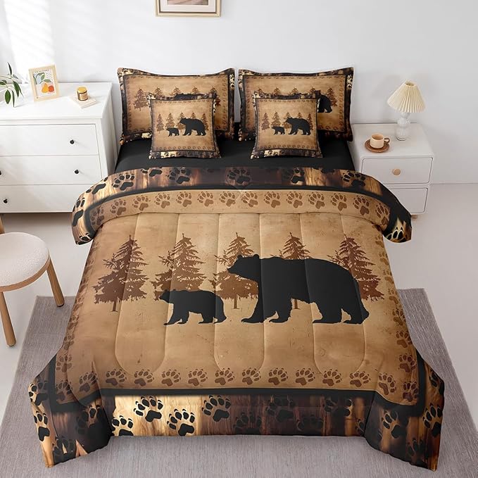 Feelyou Bear Comforter Set King Size 7 Pcs Cabin Lodge Bed in a Bag Rustic Wild Animals Bedding Farmhouse Hunting Bed Set with Sheets, Pillowcases, Pillow Covers