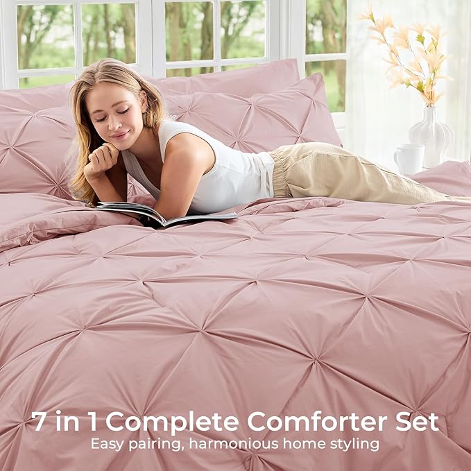 Sasttie Twin XL Comforter Set, 5-Piece Bed in a Bag, Pintuck Bedding Sets for All Season, Includes Comforter, Flat Sheet, Fitted Sheet, Pillowcase and Pillowsham, Rose Gold