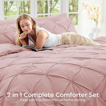Sasttie Twin XL Comforter Set, 5-Piece Bed in a Bag, Pintuck Bedding Sets for All Season, Includes Comforter, Flat Sheet, Fitted Sheet, Pillowcase and Pillowsham, Rose Gold