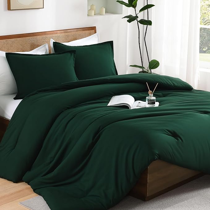 Andency Dark Emerald Green Full Size Comforter Set, 3 Pieces Boho Solid Forest Green Bedding Comforters & Sets, Soft Reversible Lightweight All Season Microfiber Bed Set for Kids Teens Adults