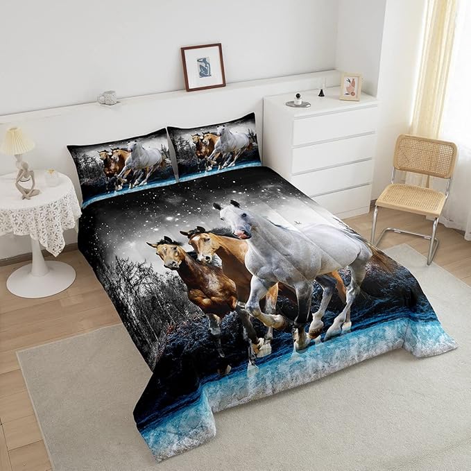 Feelyou Horse Comforter Set Galloping Horse Bedding Set for Kids Boys Girls Wildlife Comforter Farm Animal Quilt Set 1 Comforter Set with 2 Pillowcases Full Size