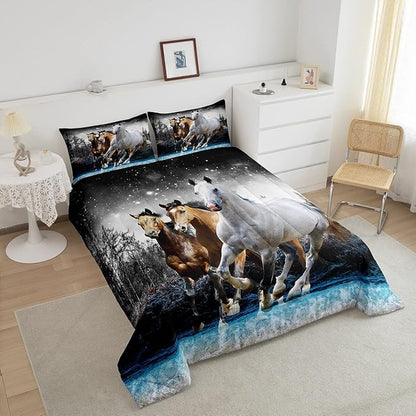 Feelyou Horse Comforter Set Galloping Horse Bedding Set for Kids Boys Girls Wildlife Comforter Farm Animal Quilt Set 1 Comforter Set with 2 Pillowcases King Size