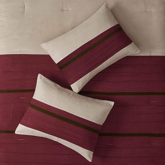 Madison Park Palmer Comforter Set-Luxury Faux Suede Design, Striped Accent, All Season Down Alternative Bedding, Matching Shams, Decorative Pillow, Bed Skirt, Queen (90 in x 90 in), Red 7 Piece