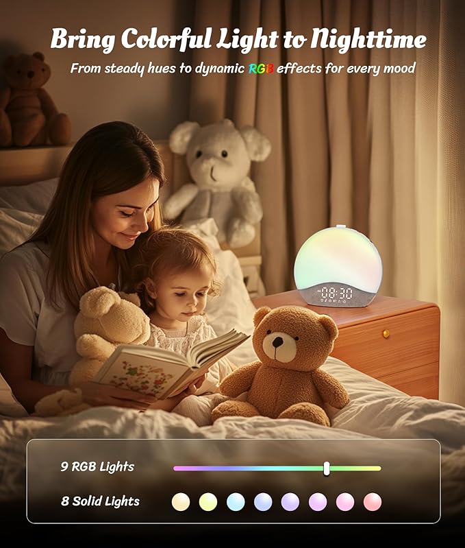 ecozy Sunrise Alarm Clock, White Noise Sound Machine, Alarm Clock for Bedrooms, 26 Soothing Sounds, 17 Night Lights, Bluetooth Speaker, Sunrise Wake-Up Light for Heavy Sleepers, Adults, Kids
