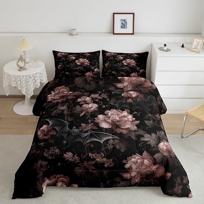 Erosebridal Gothic King Comforter Set for Home, Goth Halloween Decor Bedding Set for Kids Teens Women Men Bedroom, Gothic Bat Black Floral Comforter, Vintage Victorian Baroque Quilt, 2 Pillowcases