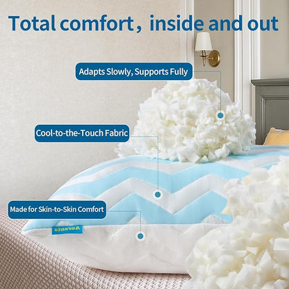 Dreamara Cooling Bed Pillows Queen Size Set of 2 – Adjustable Loft Shredded Memory Foam Pillows for Side, Back & Stomach Sleepers, Supportive & Breathable for Hot Sleepers (Blue)