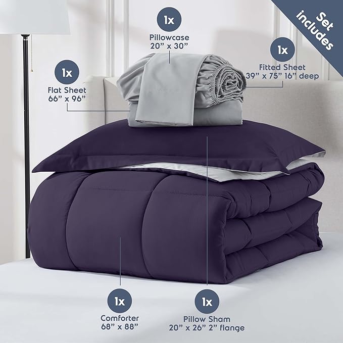 Nestl 5 Piece Twin Comforter Set – Purple Reversible Bed in a Bag – Complete Twin Size Bedding Set with Sheets, Pillowcase and Sham