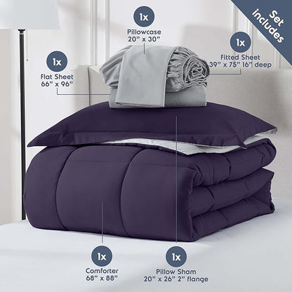 Nestl 5 Piece Twin Comforter Set – Purple Reversible Bed in a Bag – Complete Twin Size Bedding Set with Sheets, Pillowcase and Sham