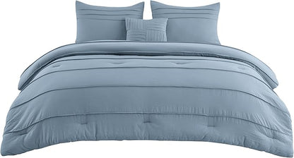 Bedsure Queen Comforter Set - 4 Pieces Pinch Pleat Bed Set, Light Blue Boho Bedding for All Season, 1 Soft Comforter, 2 Pillowcases, 1 Decorative Pillow