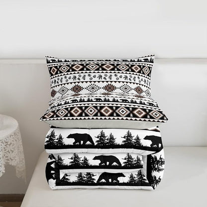 Western Aztec Print Bed Comforter Set Queen Size,Geometric Brown Striped Super Soft Microfiber Bedding Set for Adults Teens,Bear Plant Exotic Boho Abstract Art Comforter Set,2 Pillowcases